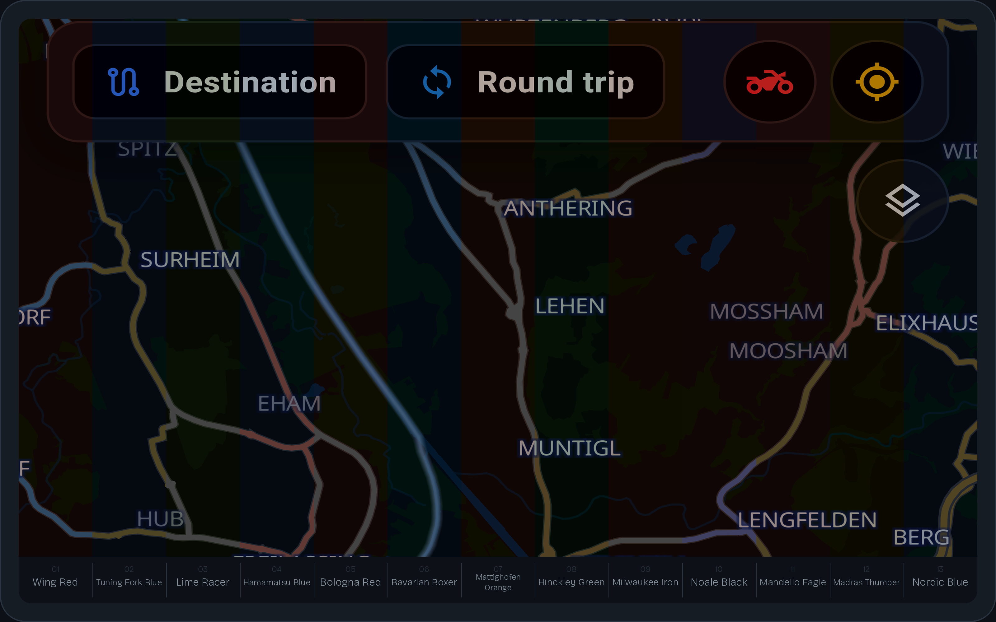 The night map rendered under each of the thirteen liveries, cut into thirteen vertical slices side by side