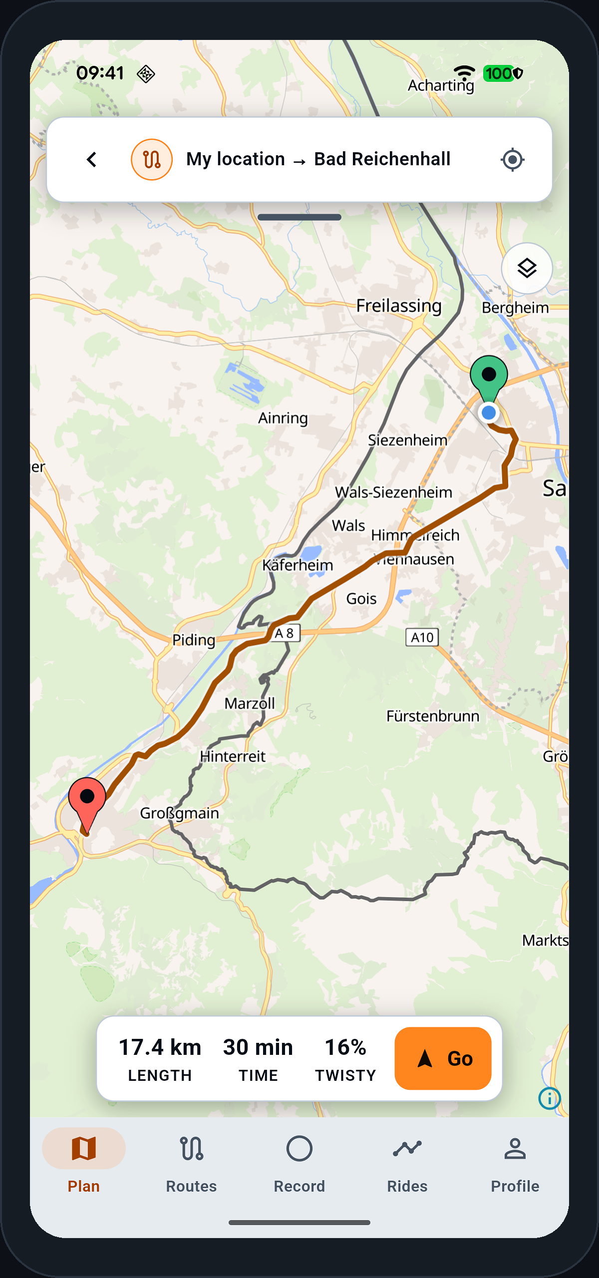 The app in light mode, map and chrome in daylight colours