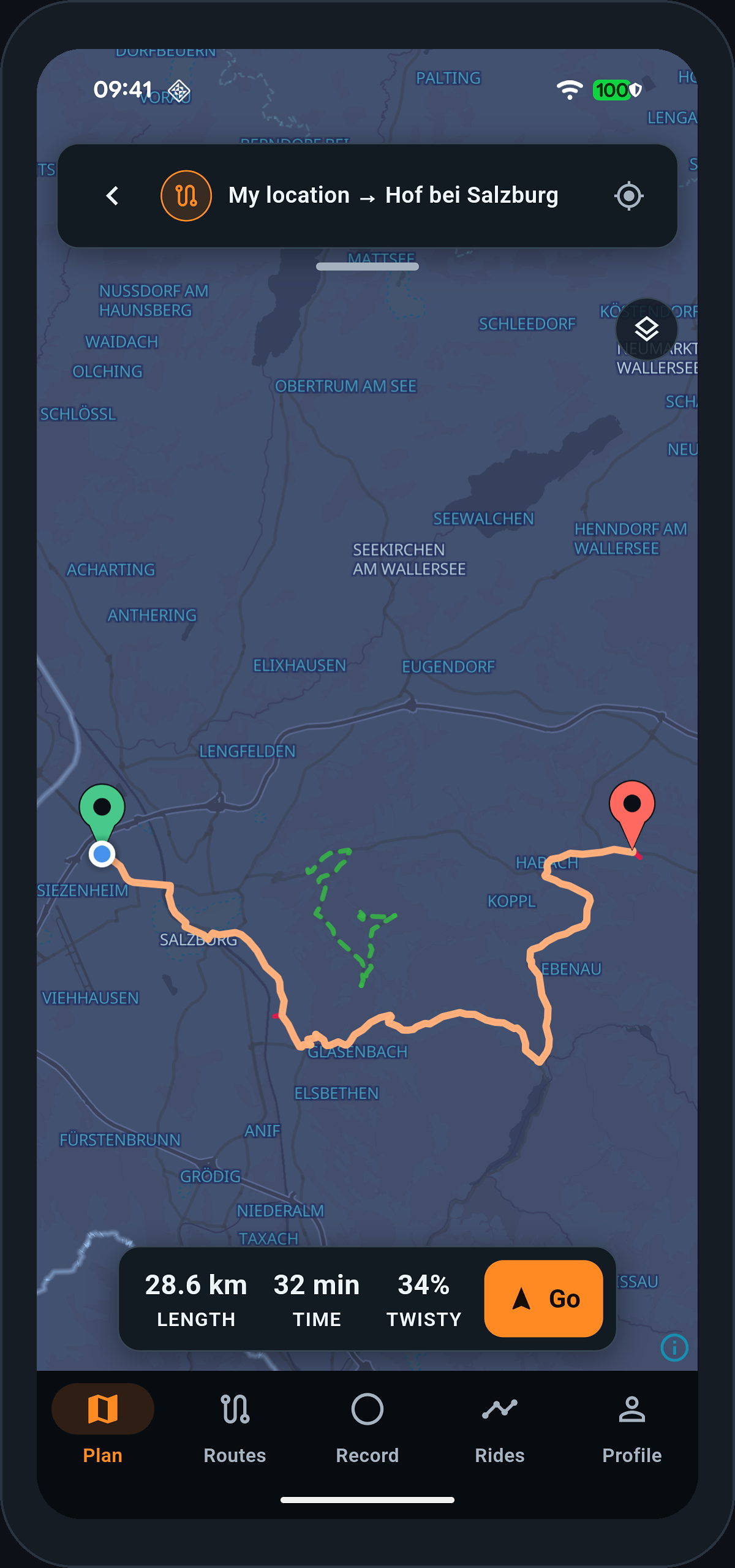 The same route re-planned so that it follows the imported trail