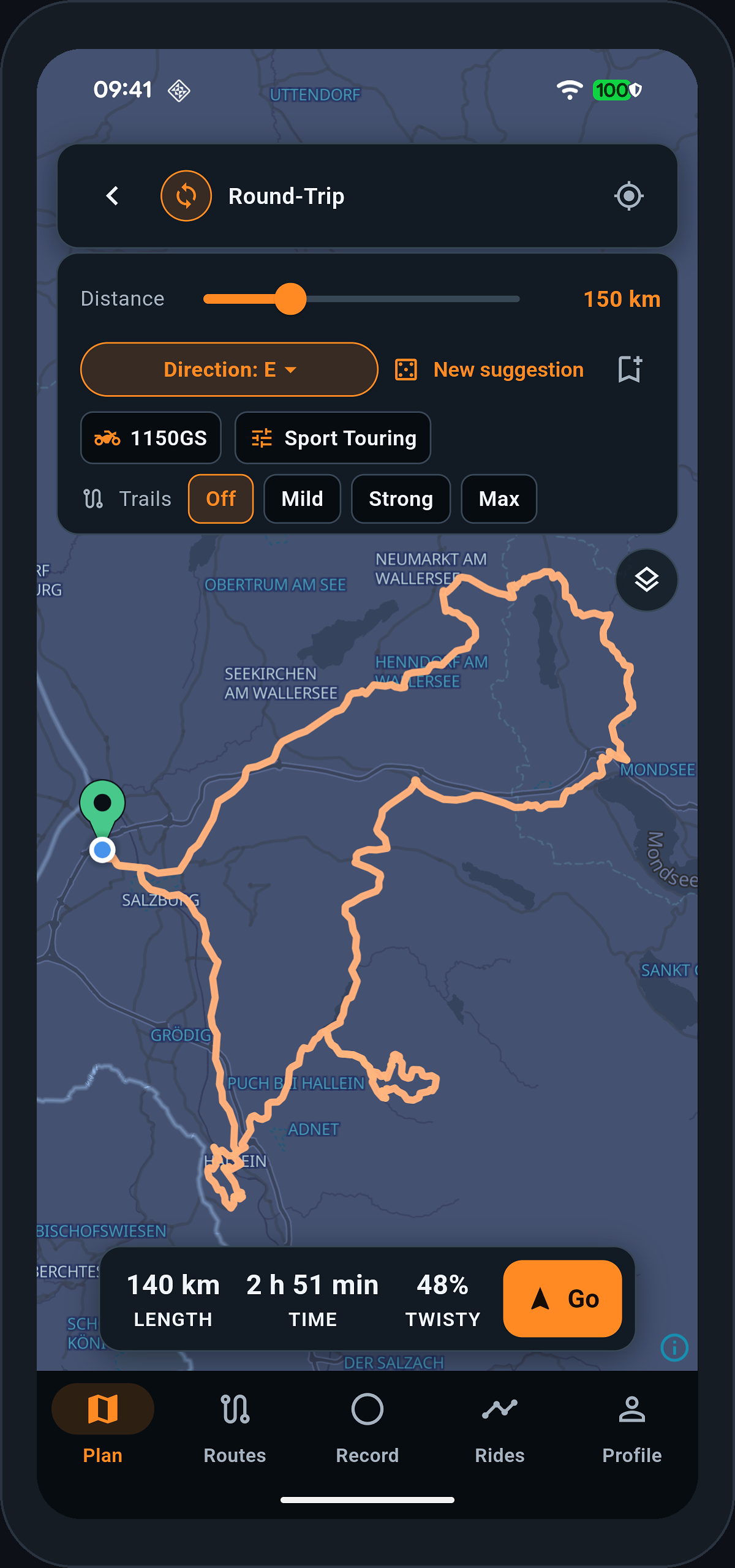 A longer round trip drawn on the app's map, the second of three areas