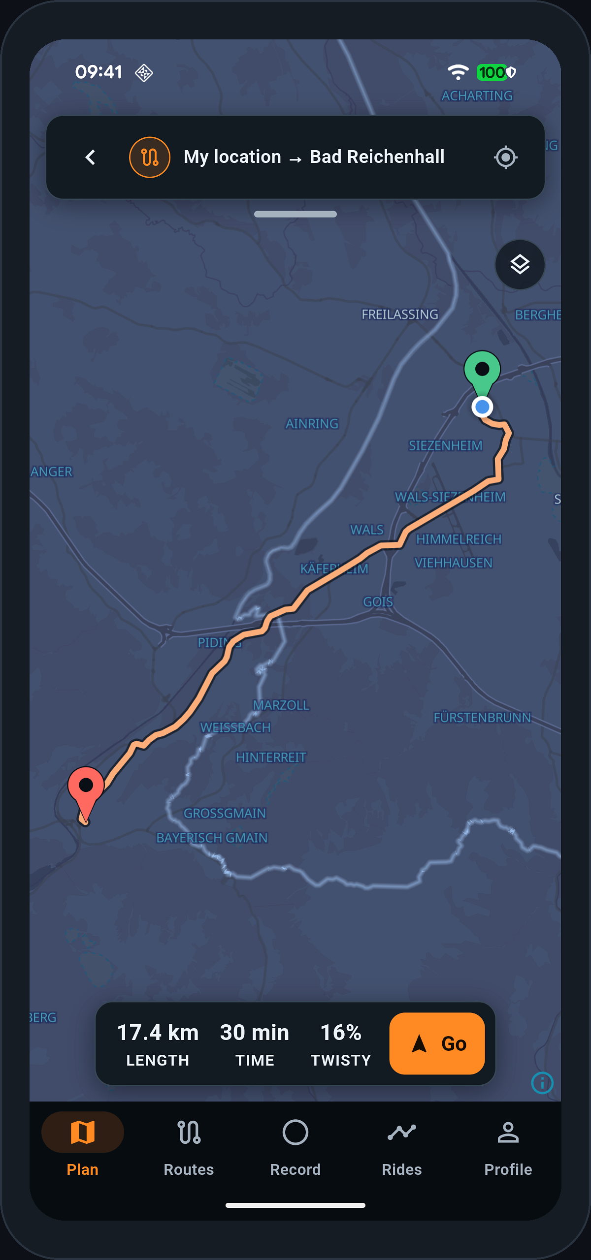 The app in dark mode, map and chrome in night colours