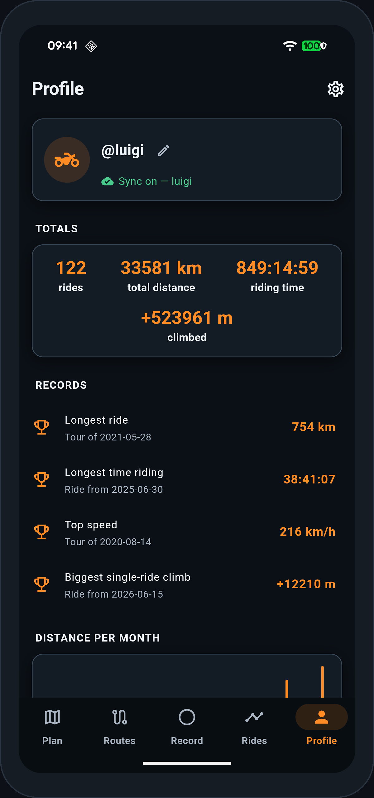 A rider profile in the app with totals, records and the rider's shared rides
