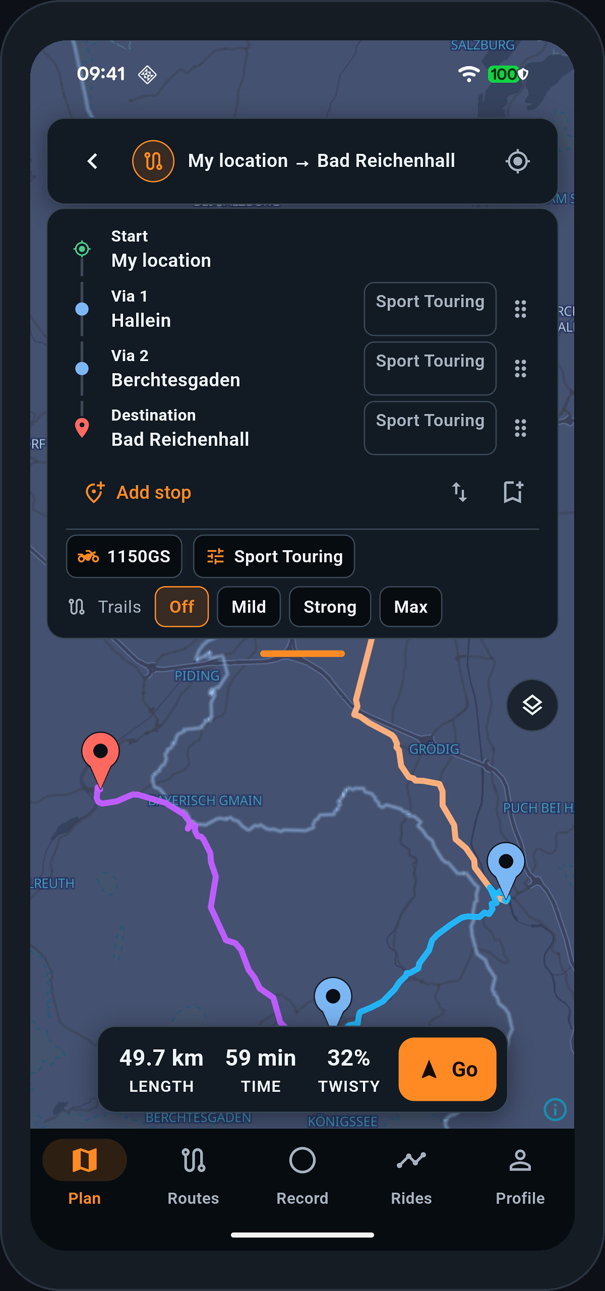 A route through several stops drawn on the app's map