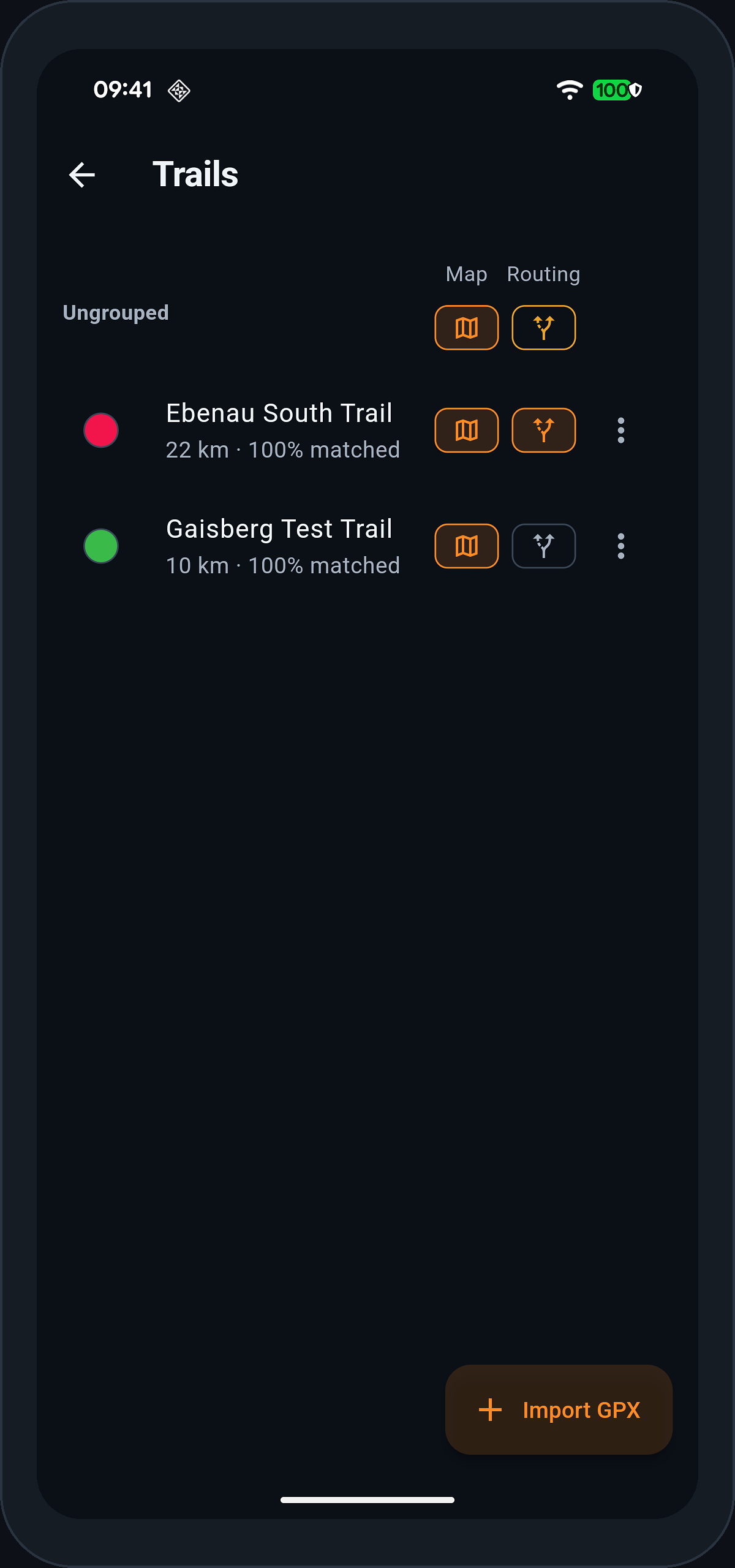 The Trails screen with the Routing toggle of one trail switched on