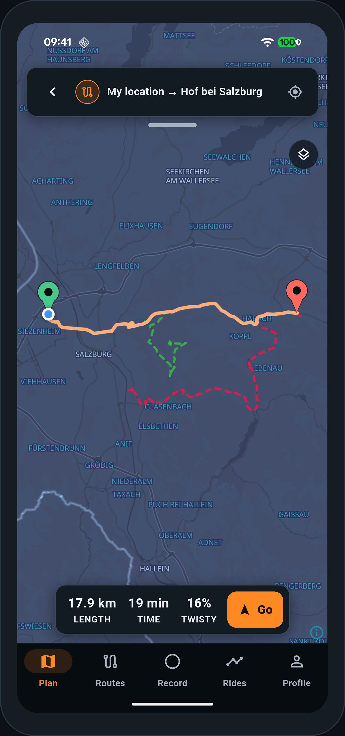 The app's map with a planned route and a group of imported trails drawn beside it