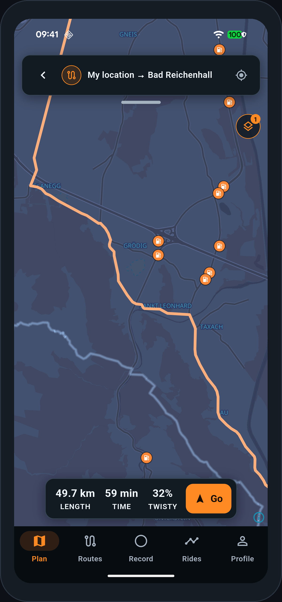 Fuel stations marked along a planned route on the app's map